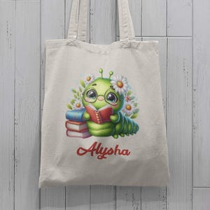 Sac fourre-tout pour enfants - sac fourre-tout personnalisé chenille rat de bibliothèque - sac de lecture pour livre de bibliothèque - dessus ouvert ou à fermeture éclair - 100 % toile de coton épaisse
