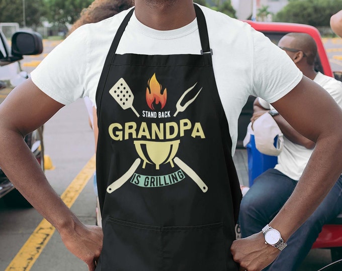 Personalized BBQ Cooking Apron - Stand Back Grilling Custom Barbecue Apron Grandpa Papa Any Name - Funny Fathers Day Gift