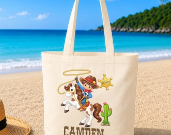 Personalized Boys Cowboy Tote Bag: Wild West Horse Sheriff With Name School, Holiday, Library