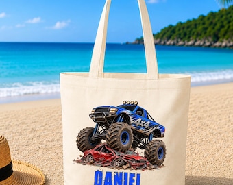Personalized Monster Truck Tote Bag - Boys 4x4 Big Truck - School, Holiday, Library Carry Totebag