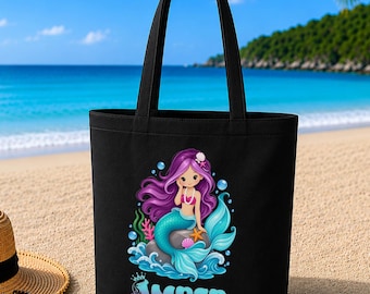 Personalized Mermaid Tote Bag: Girls Heavy Canvas Cotton Beach Bag School Holiday