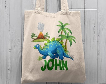 Kids Dinosaur Tote Bag-Personalized Pre historic Dino totebag-cute boy girl blue dino-Open top or zippered 4 styles-100% heavy canvas cotton