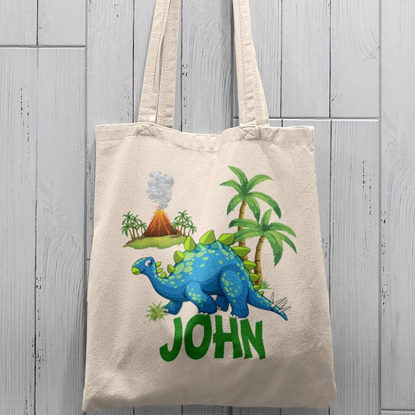 Kids Dinosaur Tote Bag-Personalized Pre historic Dino totebag-cute boy girl blue dino-Open top or zippered 4 styles-100% heavy canvas cotton