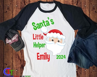 Santa's Little Helper Christmas Raglan Shirt - Personalized Boy or Girl Xmas Tshirt Name Date - Santa Holiday Long Sleeve