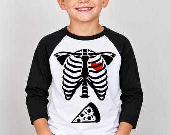 Halloween X Ray Skeleton Food in Belly Raglan, Kids Holiday Shirt, Pizza, Candy, Burger Fries
