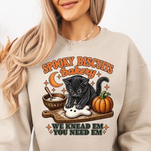 Funny Black Cat Halloween Sweatshirts, Spooky Biscuits Bakery Hoodies, Fall Ghost Sweaters