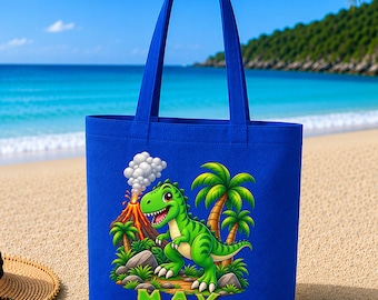 Custom Dinosaur Tote Bag, Personalized Kids T-Rex Canvas Sack, Boys Beach Pool School Bag