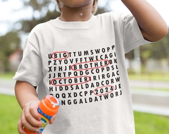 Personalized Big Brother Word Search Shirt - Custom Big Brother TShirt for Boys - Baby Announcement Established Date Kids Puzzle Shirt