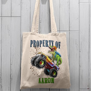 Sac fourre-tout pour enfants - Sac fourre-tout Dino 4 x 4 personnalisé - Camion 4 x 4 dinosaure cool écrasant - Ouverture ou fermeture à glissière 4 styles - 100 % coton épais