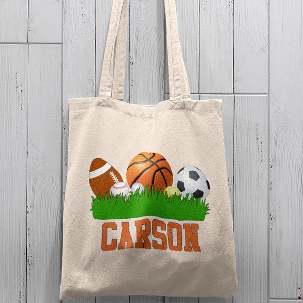 Kids Sports Tote Bag - Personalized Sports totebag - cute boy girl soccer,football - Open top or zippered 4 styles-100% heavy canvas cotton