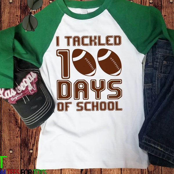 Football 100 Days of School Raglan Shirt - Kids Sports Tee for 100th Day - Football Theme - Boy and Girl Styles