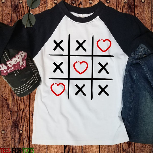 Valentines Day Tic Tac Toe Raglan - Heart Print Kids Tee - 3/4 Sleeve School Valentine Shirt - Girls and Boys Tshirt