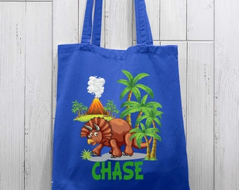 Kids Dinosaur Tote Bag-Personalized Triceratops Dino totebag-horned dino-boy girl-Open top or zippered 4 styles-100% heavy canvas cotton
