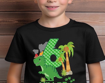 Custom Dinosaur Birthday Shirt with Name and Age - Green Dino Volcano Kids Party Tee