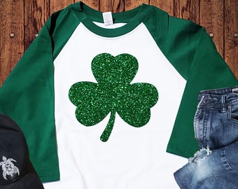 Glitter St Patricks Day Raglan for Girls - Lucky Clover Shamrock Tee St Pattys Day Shirt