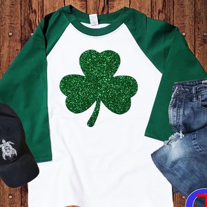 Glitter St Patricks Day Raglan for Girls - Lucky Clover Shamrock Tee St Pattys Day Shirt