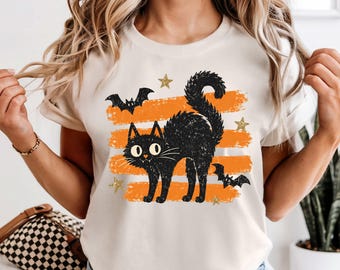 Vintage Halloween Black Cat Shirt Retro Spooky Bats Graphic Tee Animal Costume Gift