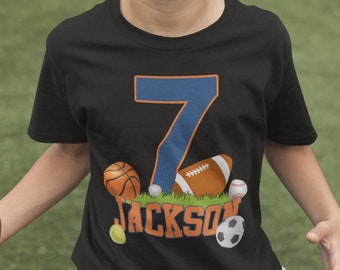 Sports Birthday Shirt - Kids Football Birthday Tshirt, Personalized Allsport Birthday Tee boy or girl, Soccer baseball tennis Hockey