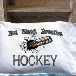 Hockey Kids Pillow - Personalized Name On Puck, Eat Sleep Breathe Graphic, Toddler Playroom Decor