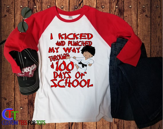 Karate 100 Days of School Raglan Boys Martial Arts Celebration Shirt Ninja  Kids Learning Outfit 
