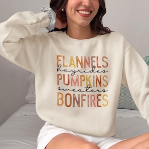 Fall Thanksgiving Sweatshirt - Flannels Hayrides Pumpkins Bonfires Sweaters Shirt - Cozy Shirt for Women, Halloween