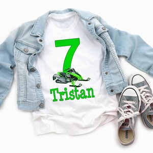 Custom Snowmobile Birthday Shirt for Kids - Personalized Green Sled Party Tee - Boys & Girls image 2
