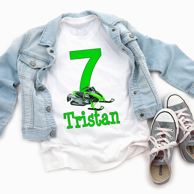 Custom Snowmobile Birthday Shirt for Kids - Personalized Green Sled Party Tee - Boys & Girls image 2