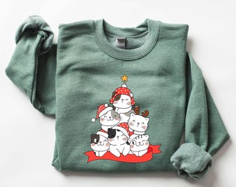 Suéter navideño con diseño de gato - Sudadera navideña de cuello redondo Meowy Catmas
