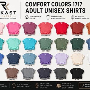 The image is a collage of various adult unisex t-shirt colors, including different shades of blue, green, red, orange, and more. The text provides information about the comfort colors and their features, such as being 100% cotton, being breathable, and being relaxed fit.