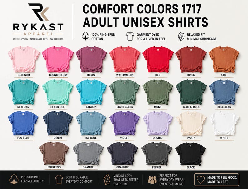 The image is a collage of various adult unisex t-shirt colors, including different shades of blue, green, red, orange, and more. The text provides information about the comfort colors and their features, such as being 100% cotton, being breathable, and being relaxed fit.