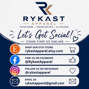 The image is an advertisement for Rykast Apparel, a company that offers custom apparel, personalized gifts, and all occasions. The ad features a variety of social media icons for Facebook, Instagram, and Twitter, along with a heart symbol, indicating that the company encourages social interaction and engagement. The ad also provides contact information for the company, including an email address and a phone number, to reach out for inquiries or purchases.