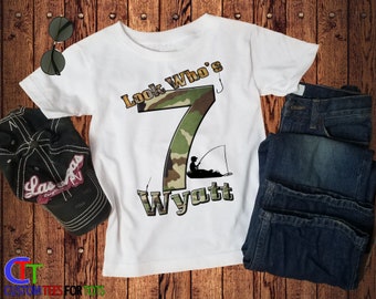 Camo Fisherman Birthday shirt - Personalized Fishing Birthday Shirt for boy - fishing birthday graphic tee 1,2,3,4,5,6,7,8,9  birthday shirt