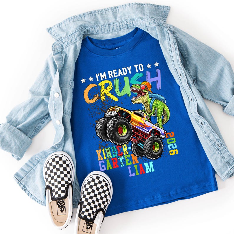Kindergarten Monster Truck Dinosaur Shirt - First Day School T-Shirt 画像 1