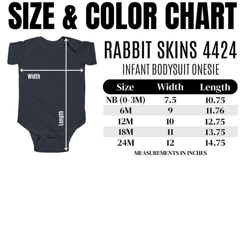 the size and color chart for a baby bodysuit