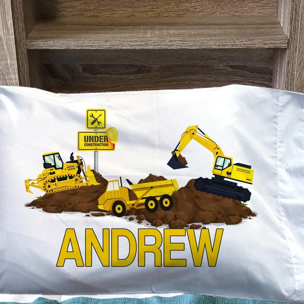 Kids Construction pillowcase - Personalized Boy or girls Digger Pillow in king or queen sizes