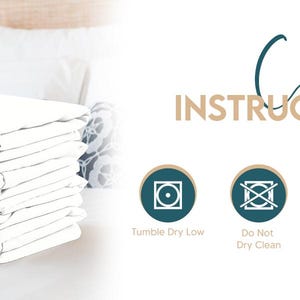 The image is a collage of four images, each depicting a different care instruction for white linens. The instructions include "Tumble Dry Low", "Do Not Iron on Low Temperature", "Do Not Bleach", and "Do Not Iron on Low Temperature".