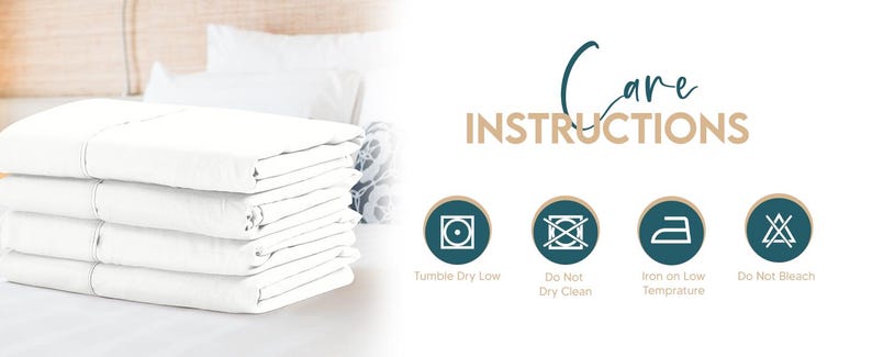 The image is a collage of four images, each depicting a different care instruction for white linens. The instructions include "Tumble Dry Low", "Do Not Iron on Low Temperature", "Do Not Bleach", and "Do Not Iron on Low Temperature".