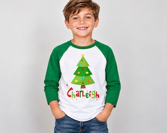 Personalized Christmas Tree Raglan, Holiday Custom Kids Shirt | Cotton Tee | Toddler-Youth Sizes