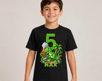 Dinosaur Birthday Shirt with Name Age - Personalized Green Prehistoric Dino Volcano Kids