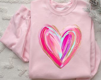 Watercolor Heart Sweatshirt Colorful Graphic Crewneck Pink Heart Sweater Aesthetic Hoodie Gift