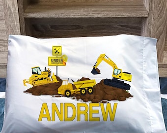 Personalized Kids Construction Pillowcase: Excavator, Bulldozer, Dump Truck