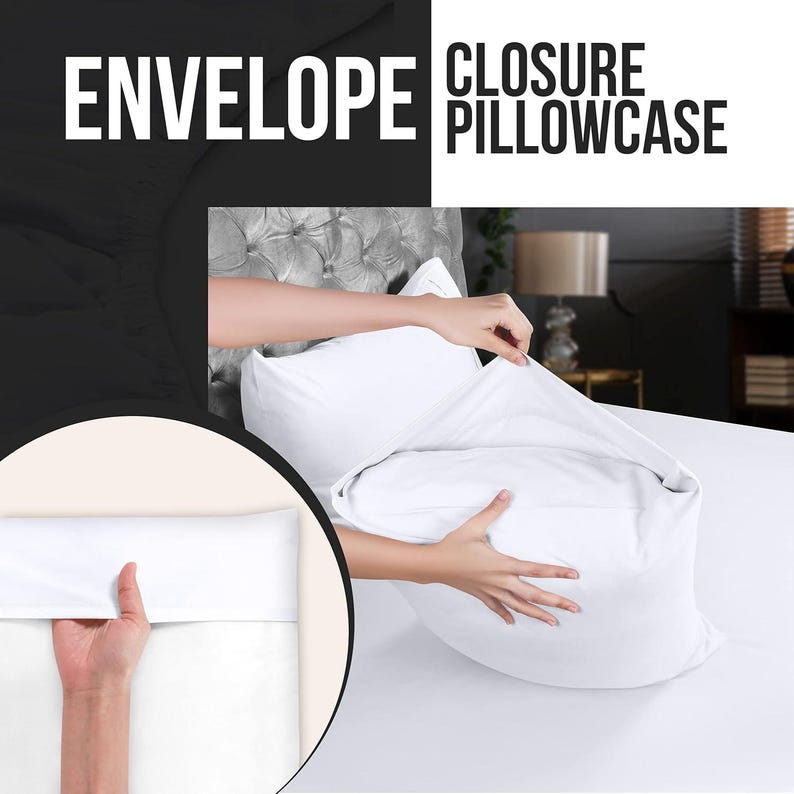 The image is a collage of three images: a person's hand holding a white pillowcase, a person's hand holding a white pillow, and a person's hand holding a white pillow. The text "ENVELOPE CLOSURE PILLOWCASE" is displayed above the images.