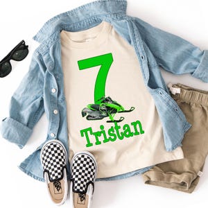 Custom Snowmobile Birthday Shirt for Kids - Personalized Green Sled Party Tee - Boys & Girls image 3