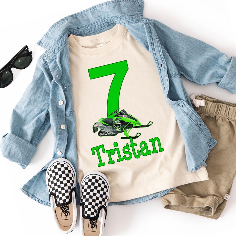 Custom Snowmobile Birthday Shirt for Kids - Personalized Green Sled Party Tee - Boys & Girls image 3