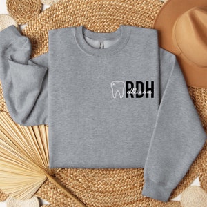 Personalized Registered Dental Hygienist Sweater - RDH Custom Crewneck Sweatshirt with Tooth and Name - Women's Dentist Office Clothing