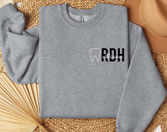 Personalized Registered Dental Hygienist Sweater - RDH Custom Crewneck Sweatshirt with Tooth and Name - Women's Dentist Office Clothing