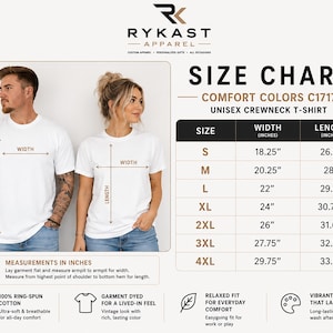 The image is a size chart for Rykast Apparel's Comfort Colors 1717 Unisex Crewneck T-shirt. It provides measurements in inches for different shirt sizes, including S, M, L, XL, 2XL, and 3XL. The chart also lists the corresponding widths in inches and lengths in inches. The chart highlights the relaxed fit and vibrant colors that last, making it suitable for everyday wear.