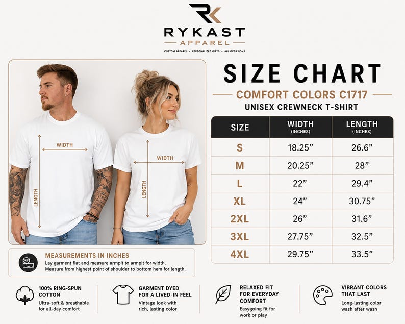 The image is a size chart for Rykast Apparel's Comfort Colors 1717 Unisex Crewneck T-shirt. It provides measurements in inches for different shirt sizes, including S, M, L, XL, 2XL, and 3XL. The chart also lists the corresponding widths in inches and lengths in inches. The chart highlights the relaxed fit and vibrant colors that last, making it suitable for everyday wear.