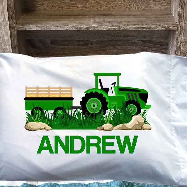 Kids Tractor pillowcase -  Personalized Green Tractor Pillow Case - Farm Tractor custom pillow with name for boy or girl