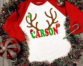 Personalized Christmas Raglan, Reindeer Antler Custom Kids Shirt | Cotton Tee | Toddler-Youth Sizes